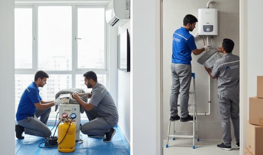 HVAC technician disconnecting split AC while a mover packs the indoor unit