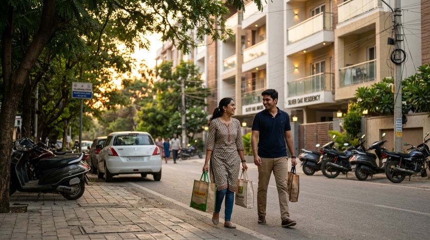 Families and professionals walking past residential apartment blocks on a Hyderabad street
