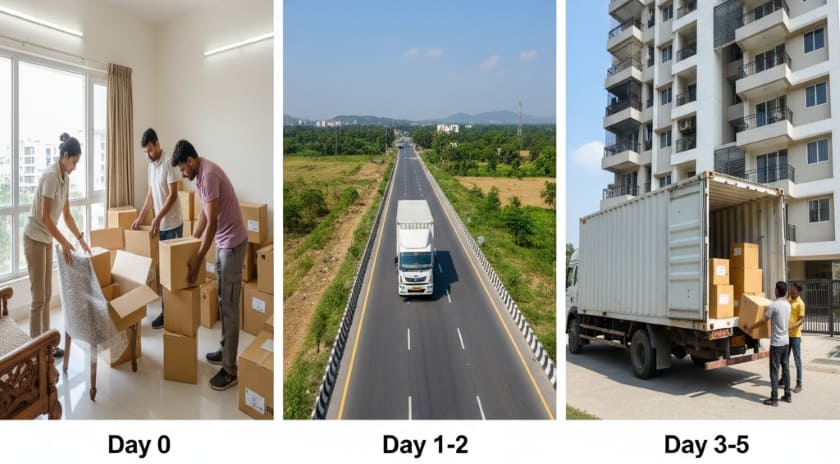Typical 5-day moving timeline from Hyderabad to Delhi with overnight stops