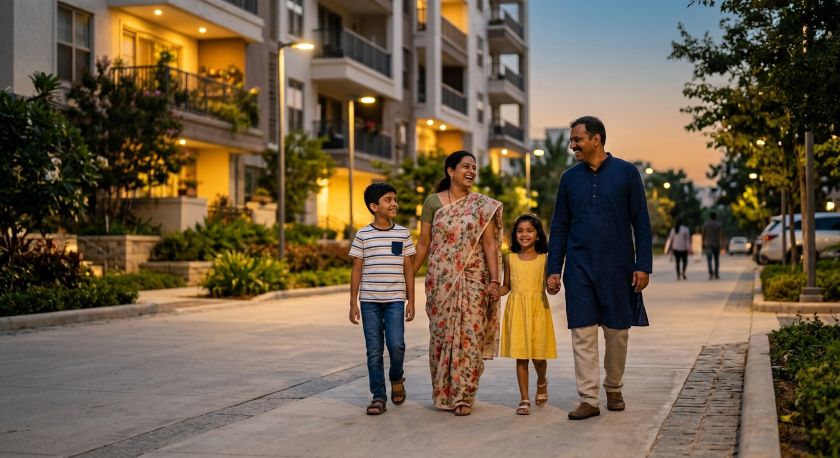 A family walking together along a well-lit residential street in Hyderabad in the evening