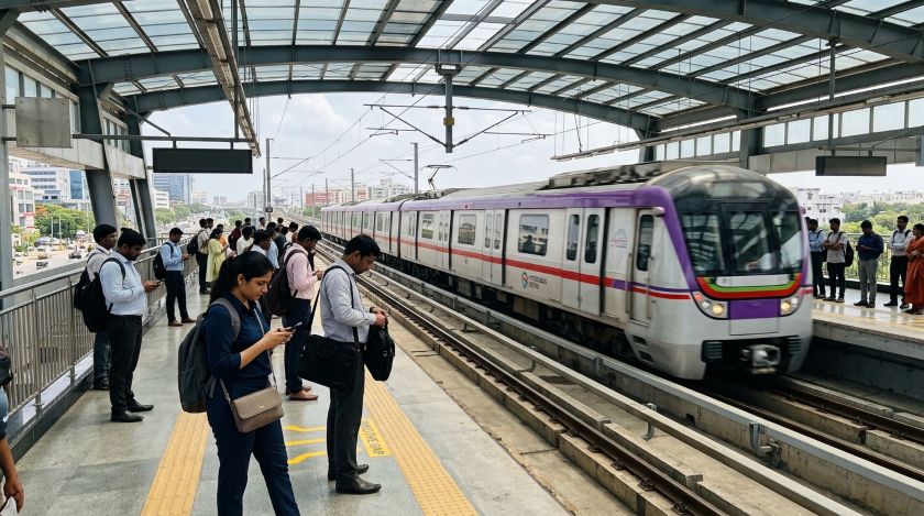 Hyderabad Metro train arriving at a platform with commuters waiting during rush hour