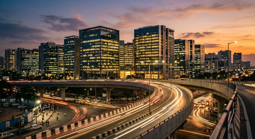 Office towers lit up at dusk along Hyderabad's HITEC City skyline