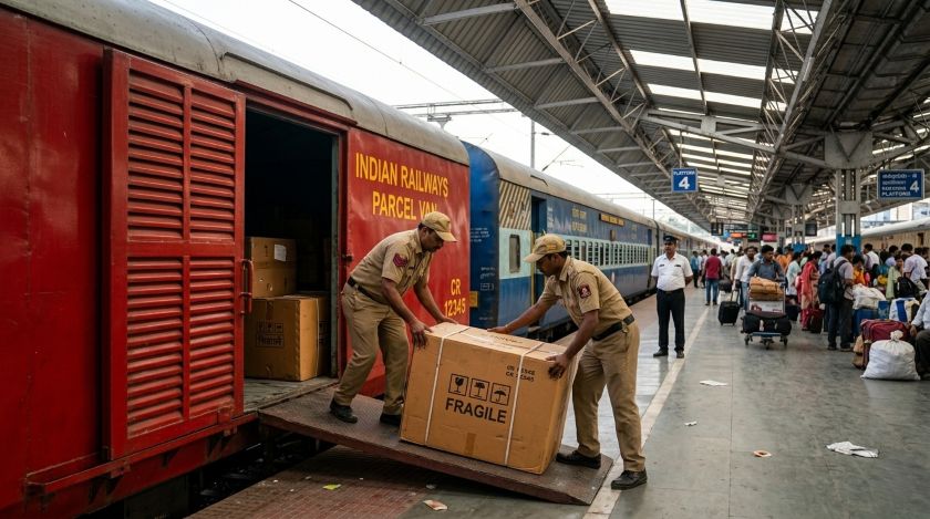 Railway workers loading labelled household goods boxes into an Indian Railways parcel van at a busy railway station for an interstate relocation
