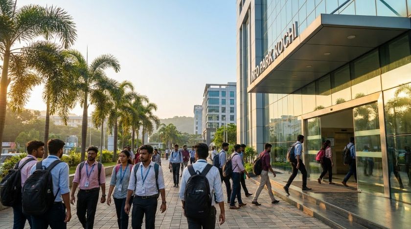 Young professionals walking into the Infopark IT campus in Kakkanad during morning office hours