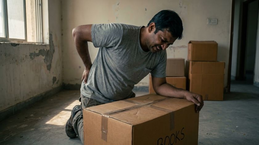 Man holding his lower back in pain while trying to lift a heavy sofa during a self-move