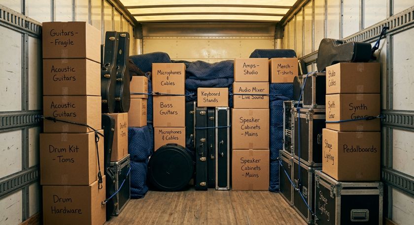 Instrument cases and labeled boxes strapped in stacking order inside a moving truck interior with blankets filling gaps between them