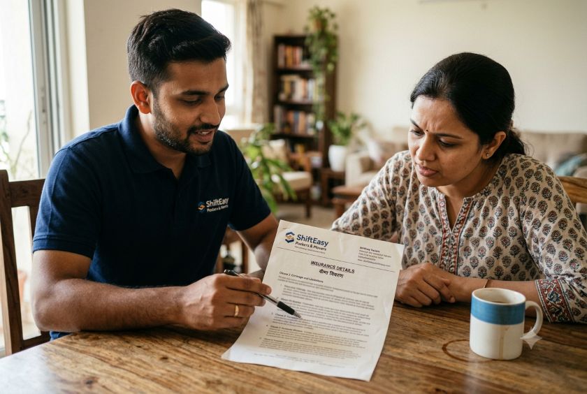 A moving company agent pointing to an insurance clause on a printed document while a customer reviews it across the table