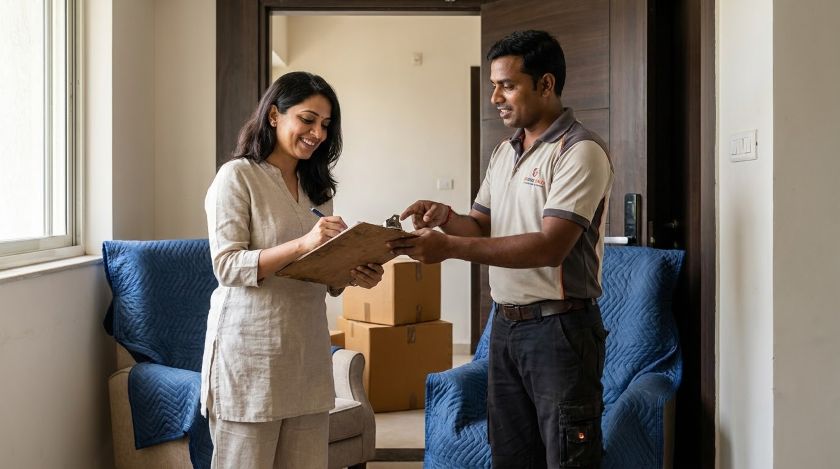 Customer signing transit insurance form with mover at residential front door before shifting