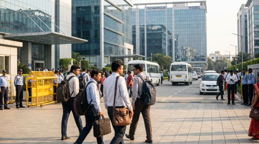 Professionals entering an IT park office building in Sector V Salt Lake Kolkata during morning hours