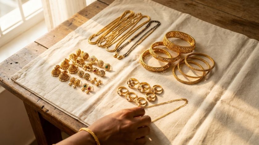 Necklaces, rings, and earrings sorted into separate groups on a cloth spread across a table before packing