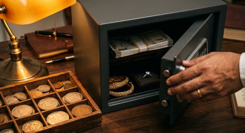 Gold jewelry, antique coins and a stack of Indian currency notes placed in a locked personal box before moving