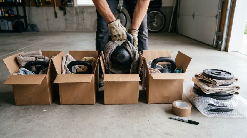 Kettlebells and weight plates wrapped in towels and packed one or two per small carton on a garage floor