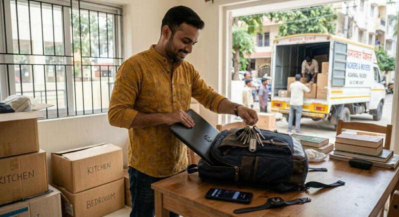 House keys, laptop, mobile phone and tablet placed together on a table before being packed in a personal carry bag