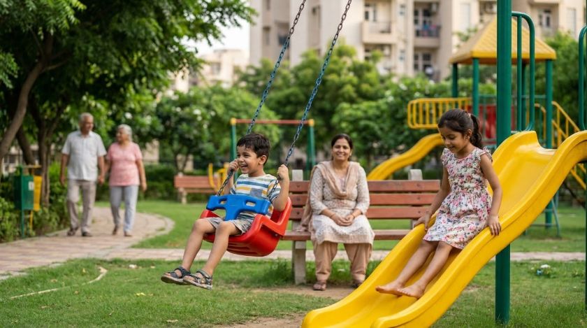 Children playing on swings and slides at a well-maintained park inside a residential gated community