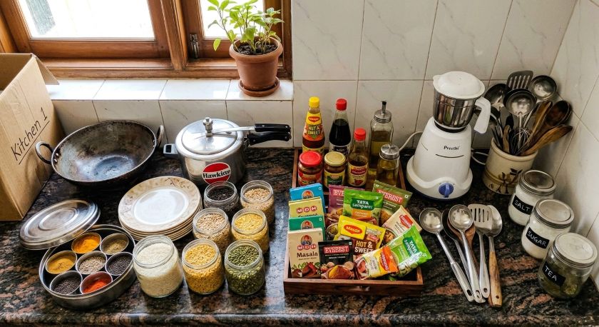 All kitchen items — utensils, appliances, containers and pantry goods — laid out on a table being sorted before packing for house move