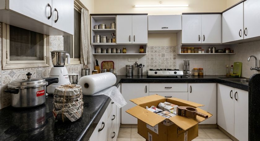 Kitchen appliances and cookware wrapped in bubble wrap and placed in labeled boxes ready for home shifting