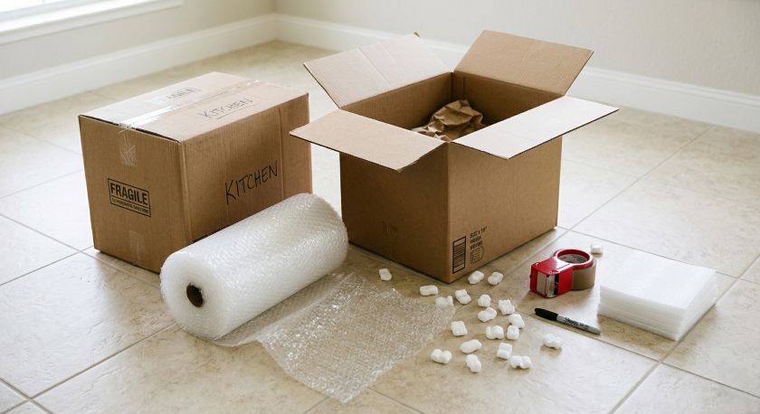 Bubble wrap rolls, carton boxes, duct tape and packing peanuts laid out on the floor ready for kitchen packing before a house move