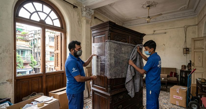 Movers wrapping furniture with protective material during a house shift inside a Kolkata apartment