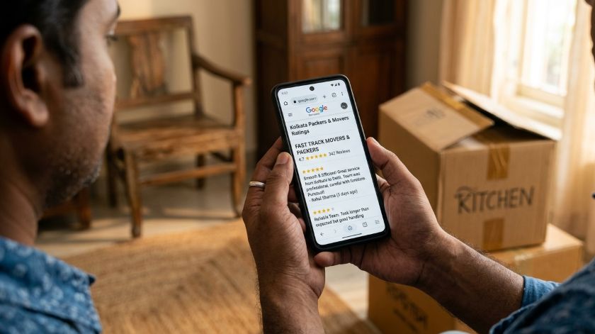 Person comparing star ratings of Kolkata movers on smartphone before booking
