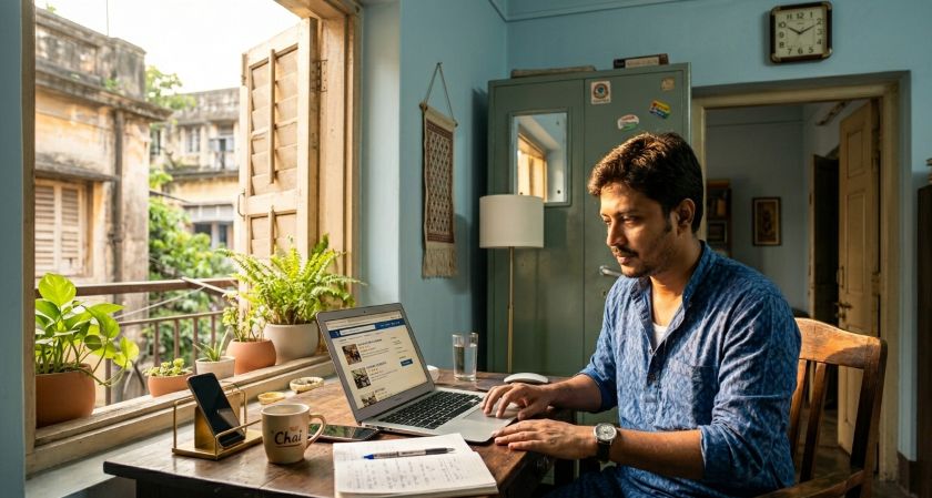 Customer checking movers reviews on laptop before booking a house shift in Kolkata