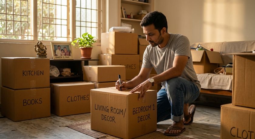 A person labeling a moving box before placing it with organised stacked boxes