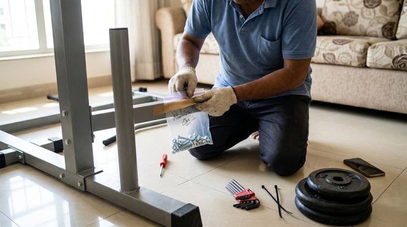 Person taping a labelled zip-lock pouch of bolts onto the frame of a disassembled multi-gym on a living room floor