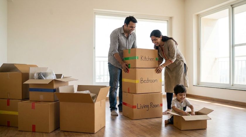 Family stacking clearly labeled moving boxes in an empty living room before moving day