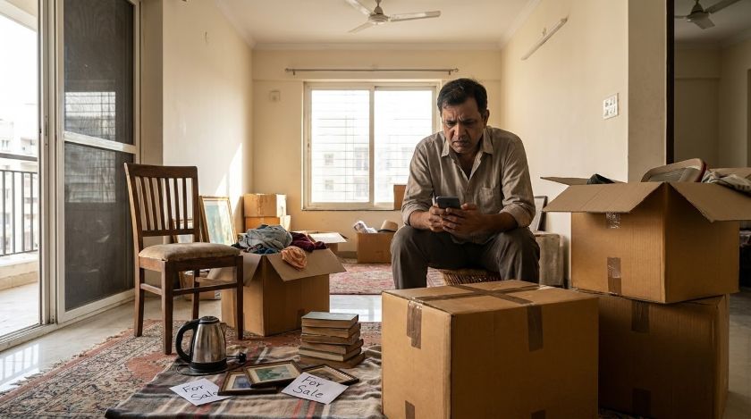 Stressed person surrounded by unsold household items and packed moving boxes the day before relocation