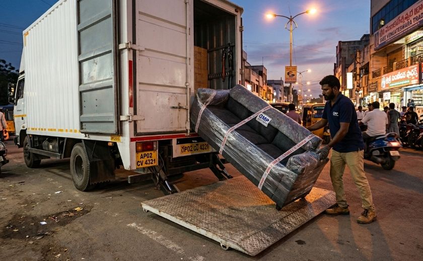 A hydraulic liftgate platform at the rear of a moving truck lowered to ground level with a heavy item being rolled on