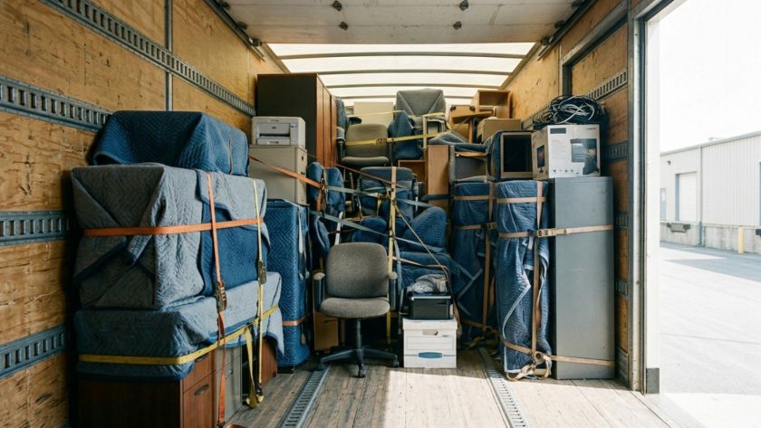 Two movers lifting a blanket-wrapped office cabinet up a ramp into a moving truck