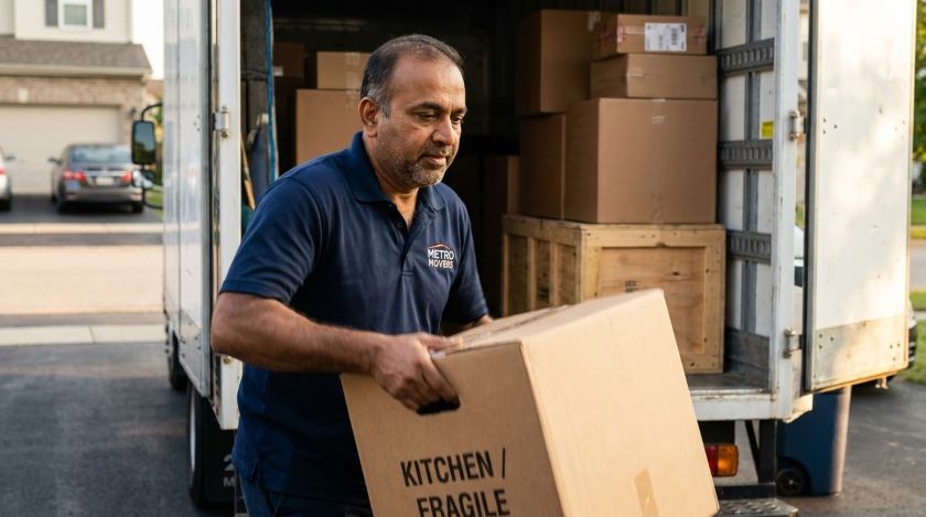 Mover loading a heavier clothing box onto a moving truck