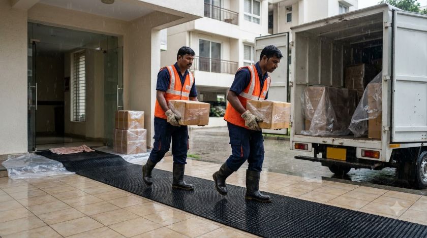 Two movers in orange safety vests carrying small wrapped cartons over a non-slip mat toward a closed moving truck in the rain