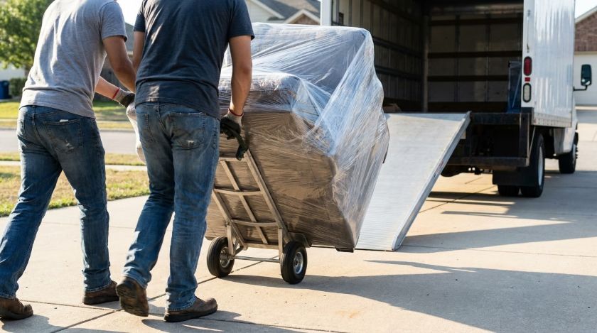 Two movers loading a wrapped sofa onto a furniture dolly toward a moving truck