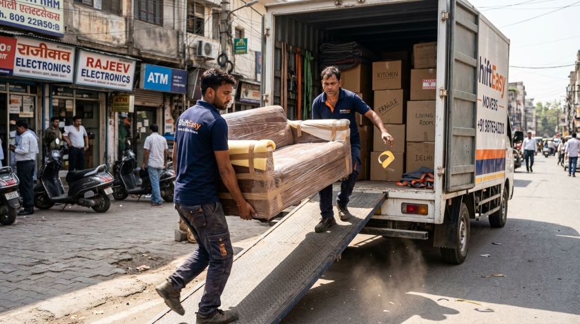 ShiftEasy moving crew carrying a wrapped sofa up the ramp into a branded moving truck