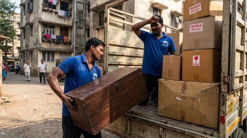 Movers loading a truck with heavy boxes on the bottom and fragile boxes stacked on top
