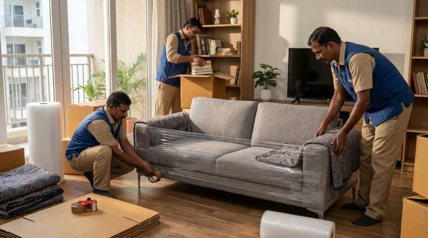 Packers wrapping sofa and boxes inside an Indian home on shifting day