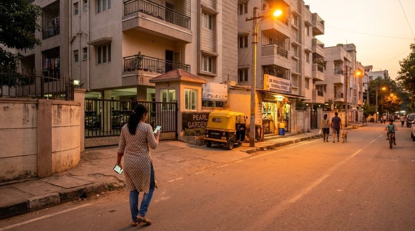 Person walking along a residential street in India at dusk to assess neighbourhood safety before renting a flat nearby