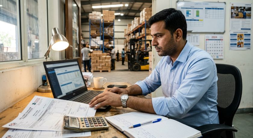 Indian logistics manager in a blue shirt reviewing e-way bill documents on a laptop at a warehouse dispatch desk with printed freight invoices and a GST portal screen visible, photorealistic