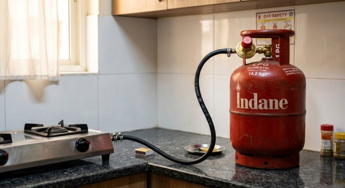 LPG gas cylinder connection setup in an Indian domestic kitchen