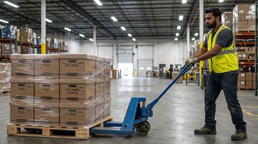 A worker operating a manual pallet jack to move a loaded wooden pallet stacked with office equipment across a warehouse floor