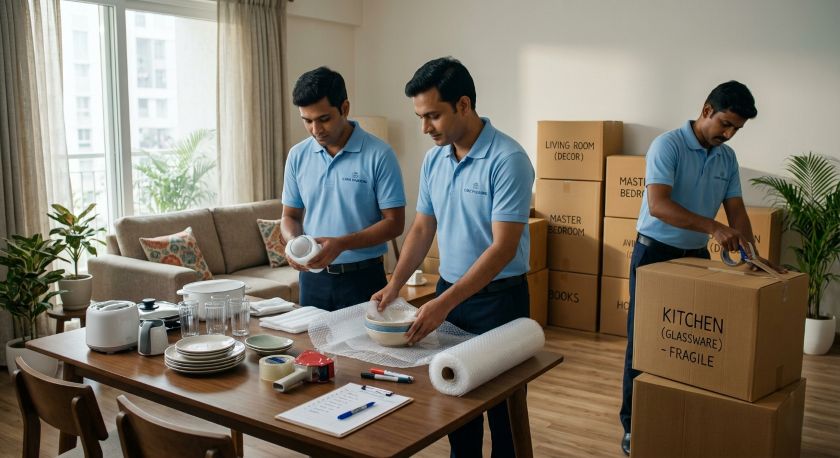 Movers carefully packing and labelling cartons during a mid-month relocation with less rush and focused attention