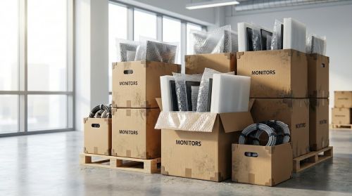 Monitors and flat screens protected with screen protectors and corner protectors in original boxes for safe transport