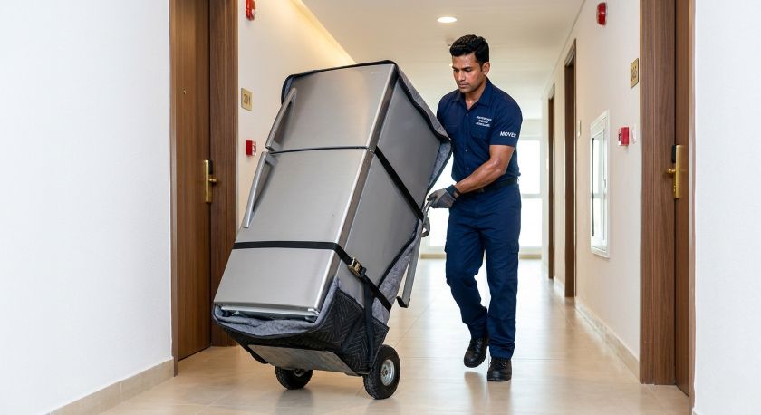 An Indian male mover in a clean uniform carefully manoeuvring a large refrigerator through a bright apartment corridor — the kind of physical effort that earns a higher tip on long distance moves