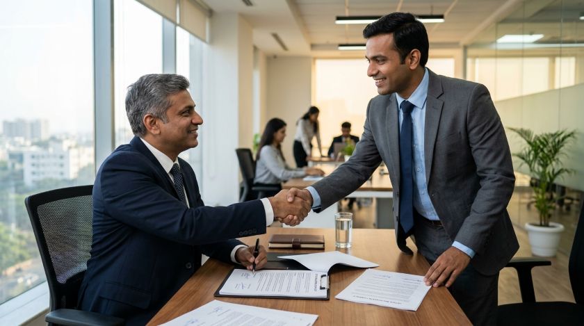 Business manager reviewing and signing a moving services contract with a verified mover at an office desk