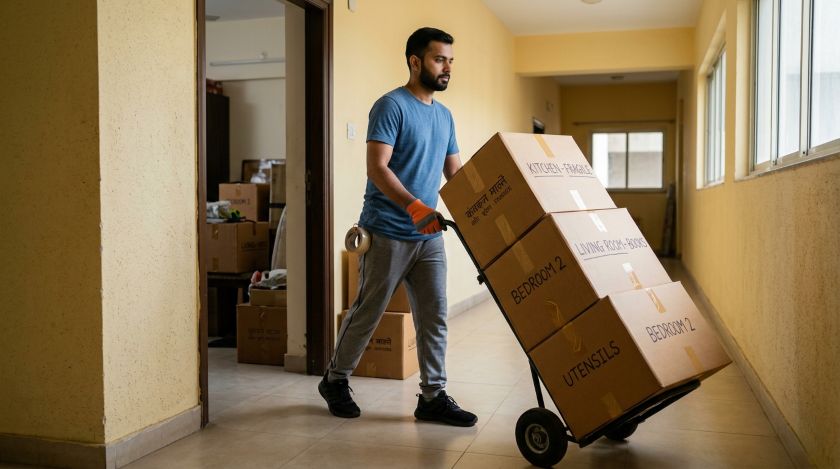 Mover pushing a loaded hand truck with four stacked cardboard boxes down a hallway toward a moving truck exit