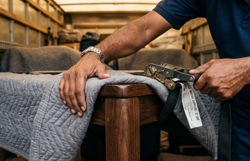 A mover tightly wrapping a wooden dining table in a thick quilted moving blanket before securing it with cargo ratchet straps