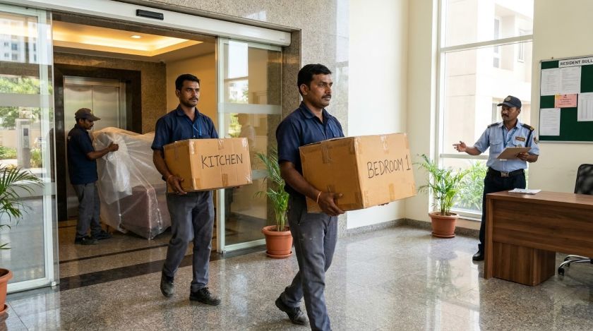 Packers carrying labelled boxes into a gated apartment building entrance on moving day