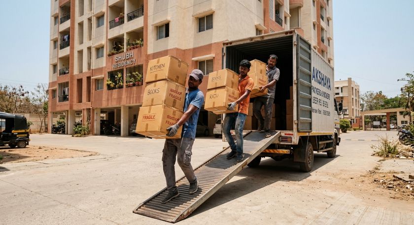 Moving crew carrying stacked carton boxes down a truck ramp under harsh midday summer sun in a Bangalore apartment complex