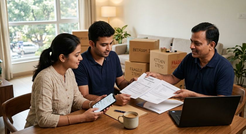 A customer reviewing a moving company's registration papers before signing an agreement