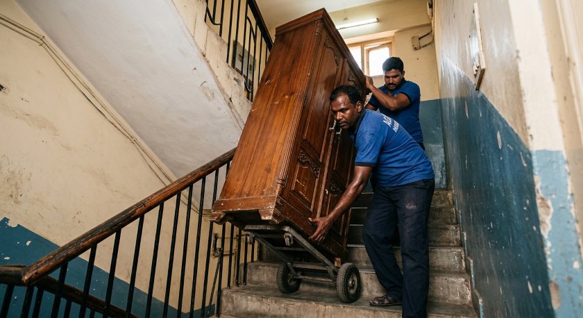 Two professional movers using a furniture dolly to carry a heavy wardrobe down a narrow apartment staircase